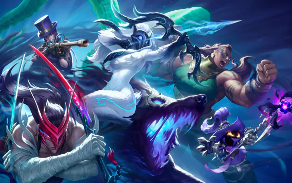 HD desktop wallpaper featuring League of Legends characters Yone, Kindred, and Illaoi in dynamic poses.