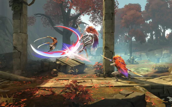 HD Wallpaper of Prince of Persia: The Lost Crown featuring combat scene in a mystical forest setting.