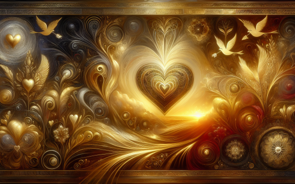 HD Valentine's Day desktop wallpaper featuring a golden heart design with abstract patterns and flying birds.