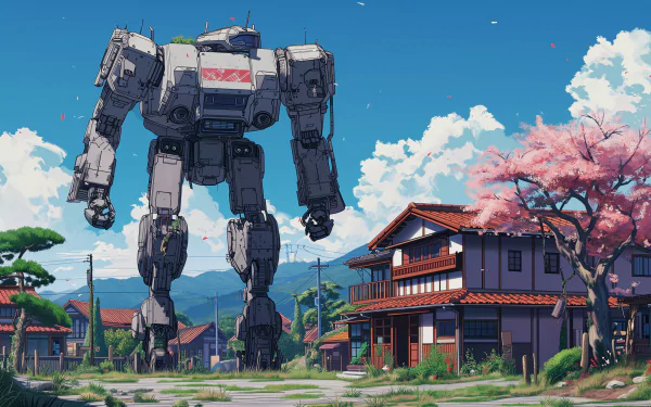 HD anime-style wallpaper featuring a giant mech towering over traditional Japanese houses with cherry blossoms.