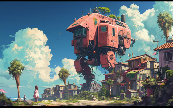 HD anime-style wallpaper featuring a giant pink mech in a quaint town with a solitary figure standing nearby, blending futuristic elements with pastoral scenery.
