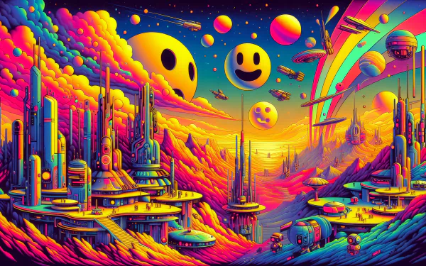 HD desktop wallpaper featuring a vibrant, futuristic cityscape with emoticon faces in a whimsical outer space setting, with colorful clouds and celestial bodies.