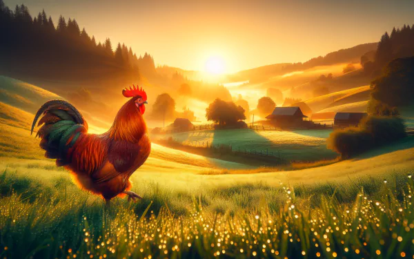 A vibrant rooster stands in a lush field at sunrise, with rolling hills and a farm in the background, creating a stunning HD desktop wallpaper.
