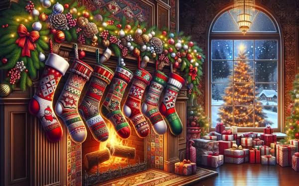Christmas stockings hanging by the fireplace with festive decorations and tree in a cozy room HD wallpaper.