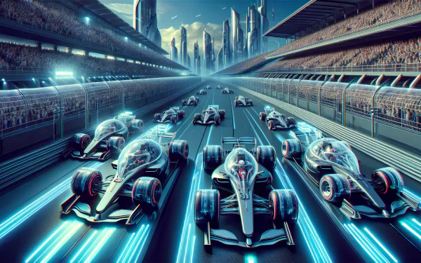 A dynamic HD desktop wallpaper featuring futuristic F1 cars racing down a vibrant track, set against a backdrop of sleek skyscrapers and an energized crowd.