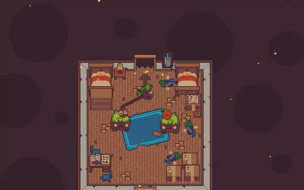 HD wallpaper featuring a scene from the video game Turnip Boy Commits Tax Evasion with a whimsical character in a room setting ready for desktop background use.