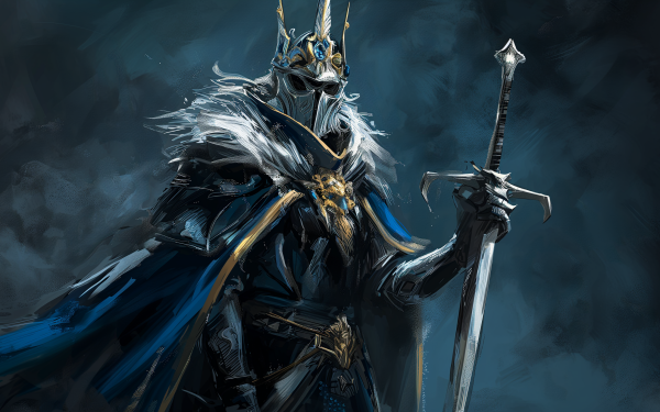 HD wallpaper of a majestic fantasy king in ornate armor, holding a spear, with a dramatic blue and grey background.