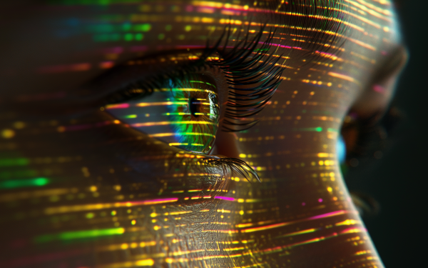 Close-up HD wallpaper of a woman's eye with vibrant digital patterns reflecting on the surface, suitable for desktop background.
