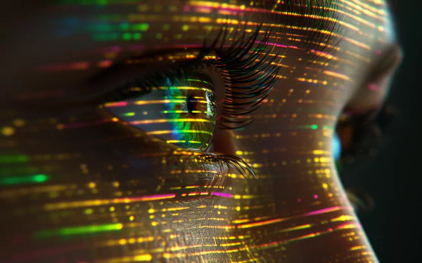 HD desktop wallpaper featuring a close-up of a woman's eye with vibrant digital patterns overlaying her skin.