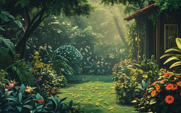 A serene flower garden with vibrant blooms, lush greenery, and soft sunlight filtering through the trees, creating a tranquil atmosphere for an enchanting HD desktop wallpaper.