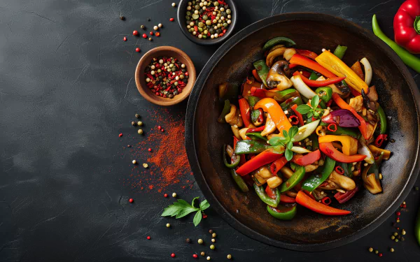 Vibrant stir-fry featuring colorful bell peppers, mushrooms, and fresh herbs, set against a dark background with spices, creating an enticing HD desktop wallpaper.