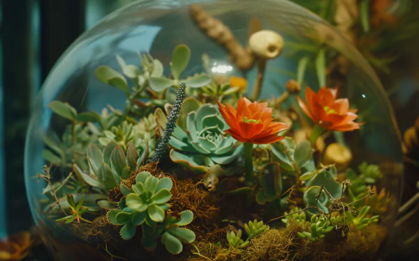 HD desktop wallpaper featuring a vibrant terrarium with a variety of succulents and flowers in a glass globe.