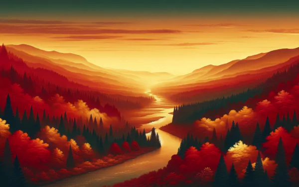HD wallpaper of a stunning autumn landscape with layers of mountain ranges and a serene river reflecting the warm glow of a sunset.