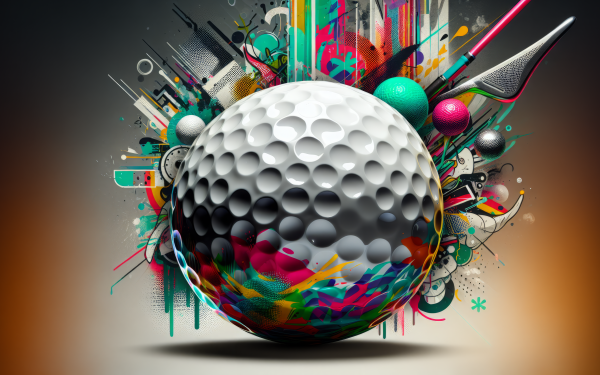 Abstract HD desktop wallpaper featuring a prominent golf ball surrounded by colorful, dynamic graphic design elements.