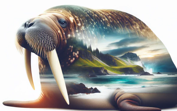 HD desktop wallpaper featuring a walrus with an artistic landscape background blending into its body.