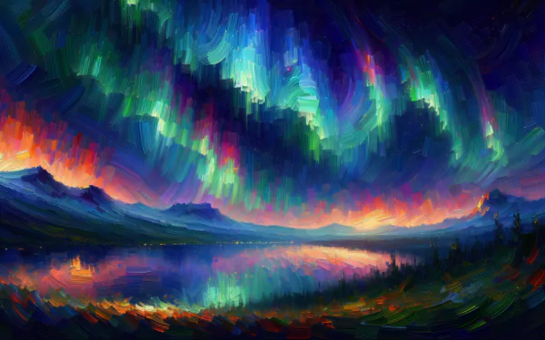 HD desktop wallpaper featuring a vibrant painting of the Northern Lights reflecting on a serene lake with a mountain silhouette in the background.
