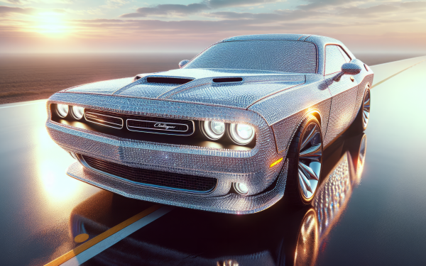 HD wallpaper of a Dodge Challenger on a reflective surface with a sunset backdrop, perfect for desktop background.