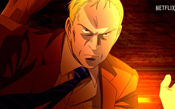 A dynamic scene from the anime Pluto (2023), featuring a determined character in a suit, set against a dramatic background. This HD image serves as an engaging desktop wallpaper.