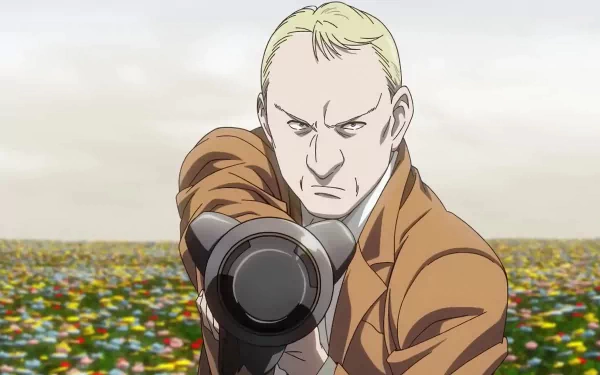 A captivating HD desktop wallpaper featuring a character from the 2023 anime Pluto, aiming a camera in a vibrant field, showcasing striking animation and dramatic expression.