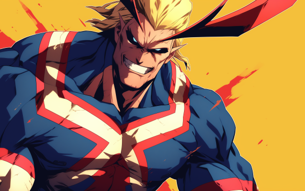 HD wallpaper of All Might from My Hero Academia anime with a dynamic yellow background, perfect for desktops.