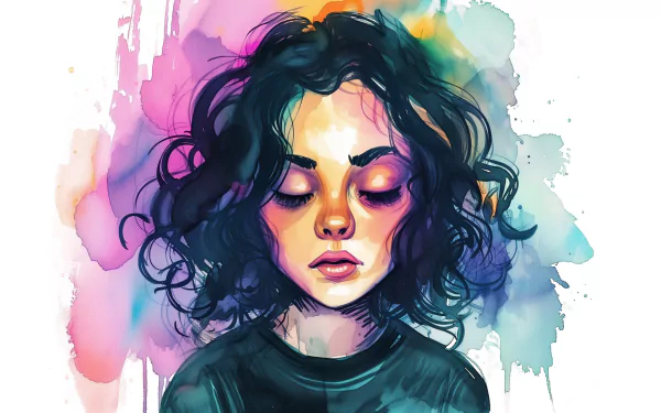 HD wallpaper of a colorful illustration featuring a sad lo-fi girl with a thoughtful expression, set against a vibrant watercolor background.
