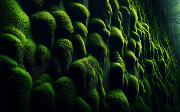 Lush green moss wall with a velvety texture makes for a calming HD desktop wallpaper with a nature-inspired theme.