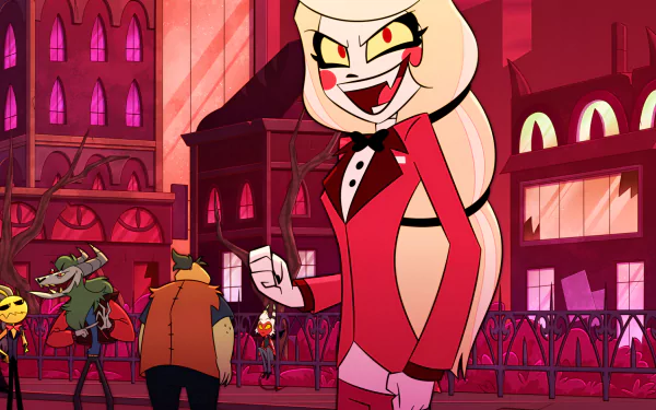HD desktop wallpaper featuring Charlie Morningstar from the TV show Hazbin Hotel, with a vibrant red color theme and dynamic character poses.