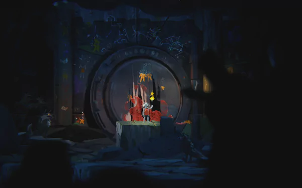 HD desktop wallpaper featuring mysterious scene from 'The Cub' video game with vibrant graffiti on vault door in dimly lit environment.