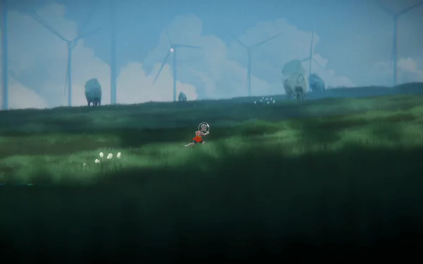 HD desktop wallpaper featuring a scene from the video game 'The Cub' with a character exploring a misty landscape of green fields and wind turbines.