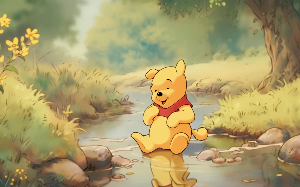 A cheerful Winnie the Pooh sitting by a stream, surrounded by vibrant greenery and flowers, captured in a charming HD desktop wallpaper.