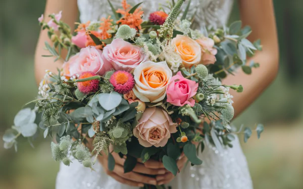 A beautiful wedding bouquet featuring pink roses, orange blooms, and greenery, captured in stunning detail for a high-definition desktop wallpaper and background.