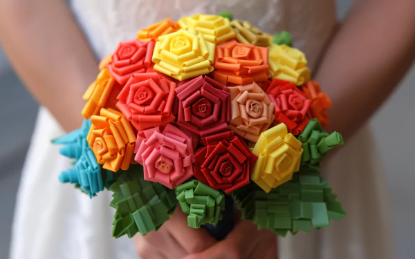 Bride holding a colorful origami wedding bouquet - HD wallpaper and background.