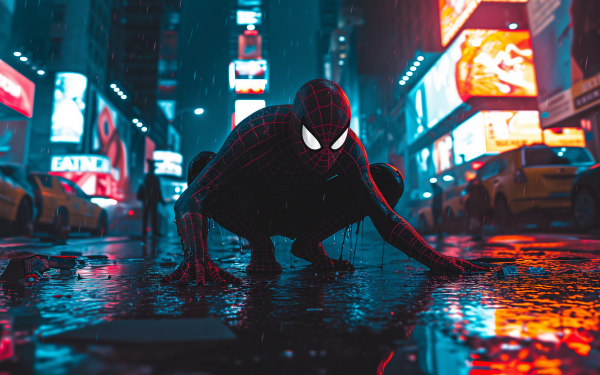 HD desktop wallpaper featuring Spider-Man crouching on a wet city street at night with vibrant neon signs reflecting on the pavement.