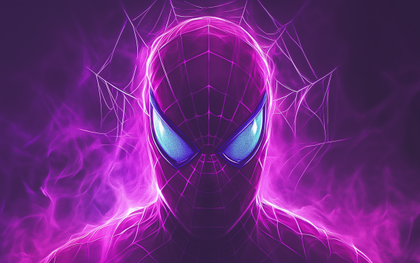 HD Spider-Man desktop wallpaper featuring vivid purple background with dynamic web patterns.