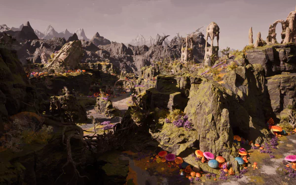 HD desktop wallpaper featuring Avowed video game fantasy landscape with vibrant flowers and rugged mountains.