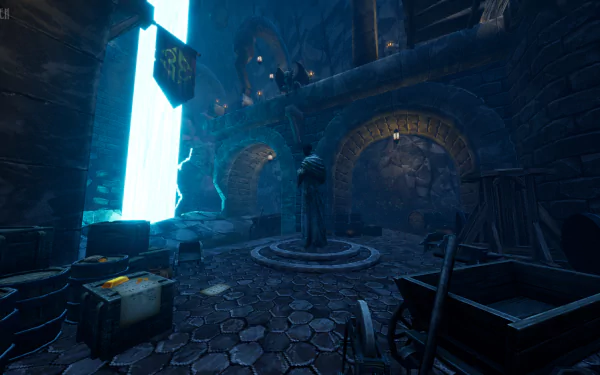 Graven video game HD wallpaper featuring a mystical medieval interior scene with glowing blue light and arcane symbols for desktop background.