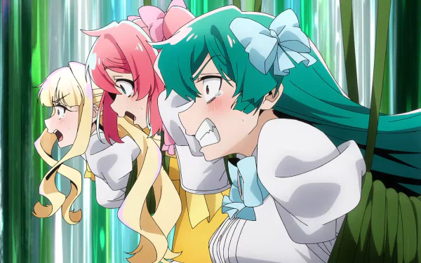 HD wallpaper featuring animated magical girls from an anime series, expressing intense emotions with a vibrant green backdrop.