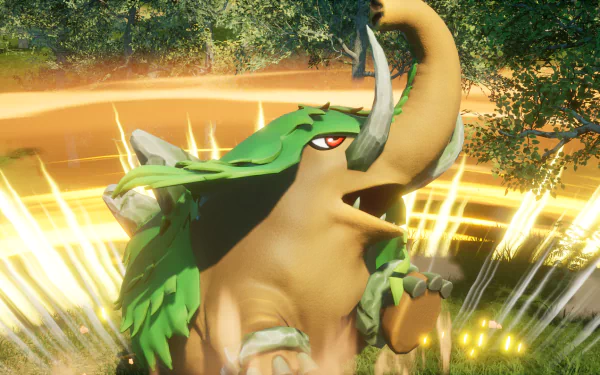 HD Palworld video game desktop wallpaper featuring a dynamic creature in a vibrant, sunlit environment.