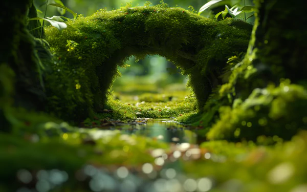 HD desktop wallpaper of a serene moss garden with a natural archway over a tranquil stream.