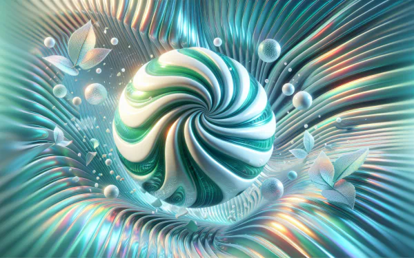 Abstract HD wallpaper with a swirling peppermint-inspired design, surrounded by light and floating geometric shapes.