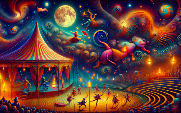 Colorful HD desktop wallpaper featuring a vibrant, whimsical circus scene with performers, a big top tent, and a magical full moon in the night sky, ideal for a circus-themed background.