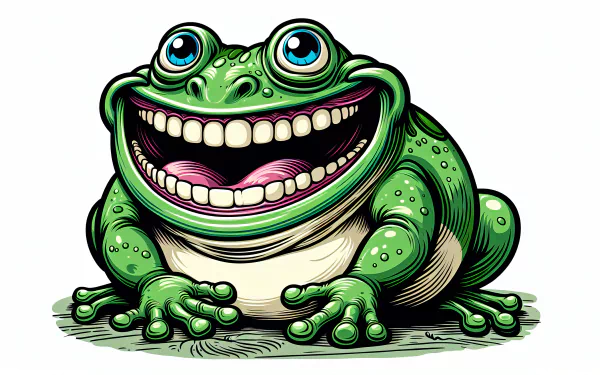 A vibrant illustration of a bullfrog with a wide, cheerful smile, set against a light background, making it an engaging HD desktop wallpaper.