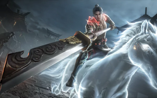 HD wallpaper featuring a warrior from Naraka: Bladepoint video game wielding a large sword with mystical energy, set against a dynamic backdrop of ancient structures.