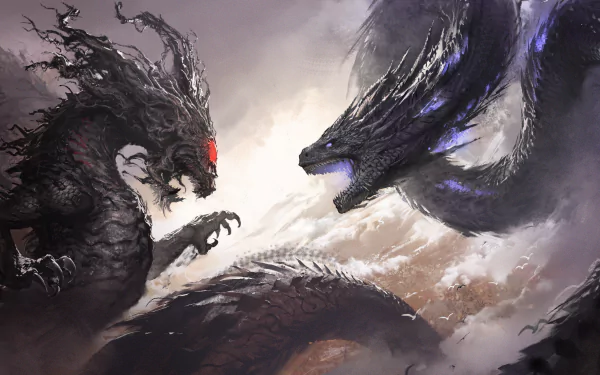 HD Naraka: Bladepoint wallpaper featuring an epic showdown between two fierce dragons amidst swirling clouds.