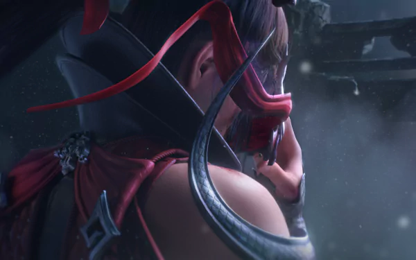 HD Wallpaper featuring a close-up of a character from Naraka: Bladepoint video game, with intricate details and a moody atmosphere for desktop background.