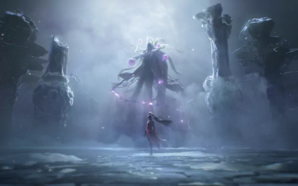 Naraka: Bladepoint HD wallpaper showing a mystical character confrontation under a moonlit sky with ethereal purple accents.