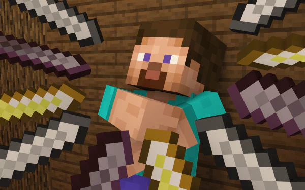 Minecraft character Steve with swords on wood background HD wallpaper.