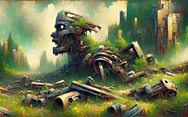 HD desktop wallpaper featuring a captivating scene of a giant robot in ruins amidst a field of decaying technology, evoking a post-apocalyptic atmosphere.