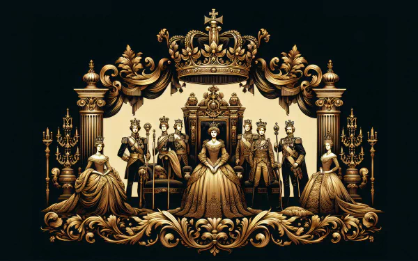 HD desktop wallpaper featuring an ornate golden royal motif with regal figures and crowns.