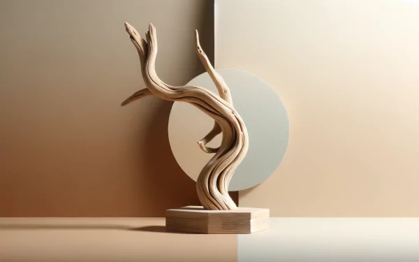 Elegant driftwood sculpture on a wooden base featured as HD desktop wallpaper with a neutral-toned background.
